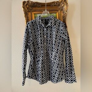 Talbots Navy and White Geometric Blouse